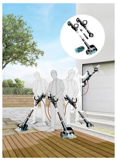 Des personnes utilisant des outils de nettoyage à haute pression sur différentes surfaces extérieures ; comprend un gros plan sur des embouts de brosses interchangeables.