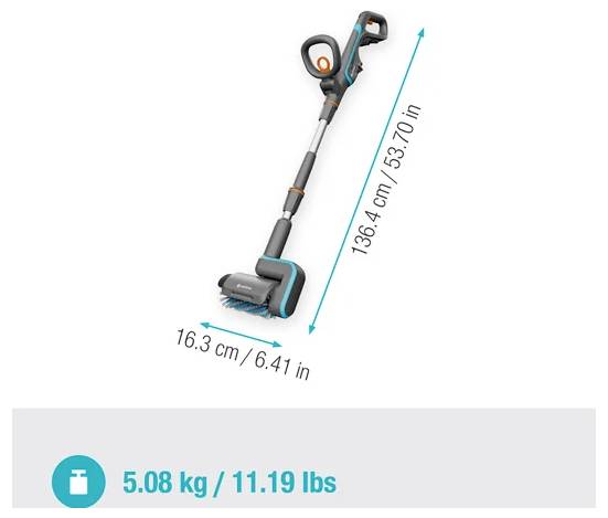 Un aspirateur-balai avec des dimensions de 16,3 cm (6,41 po) sur 136,4 cm (53,70 po), pesant 5,08 kg (11,19 lb).