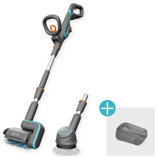 Kit d'outils de nettoyage avec manche télescopique et deux brosses interchangeables, une grande et une petite. Un support de montage est représenté séparément avec un signe plus.