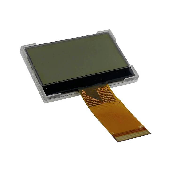 Un écran LCD rectangulaire noir avec un câble plat marron à sa base, utilisé pour des appareils électroniques.