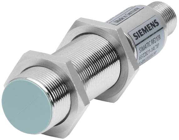 Un capteur de proximité cylindrique métallique avec le logo Siemens et le numéro de modèle, conçu pour détecter des objets dans des applications industrielles.