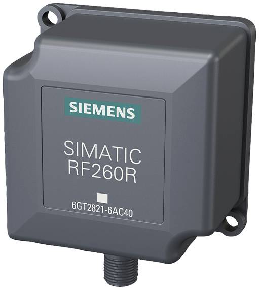 Lecteur Siemens SIMATIC RF260R sur un boîtier carré gris avec des trous de fixation dans deux coins et un raccordement de câble en bas.