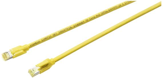 Câble Ethernet jaune avec connecteurs RJ45 aux deux extrémités, étiqueté 'SIEMENS INDUSTRIAL ETHERNET'. Adapté aux applications industrielles.