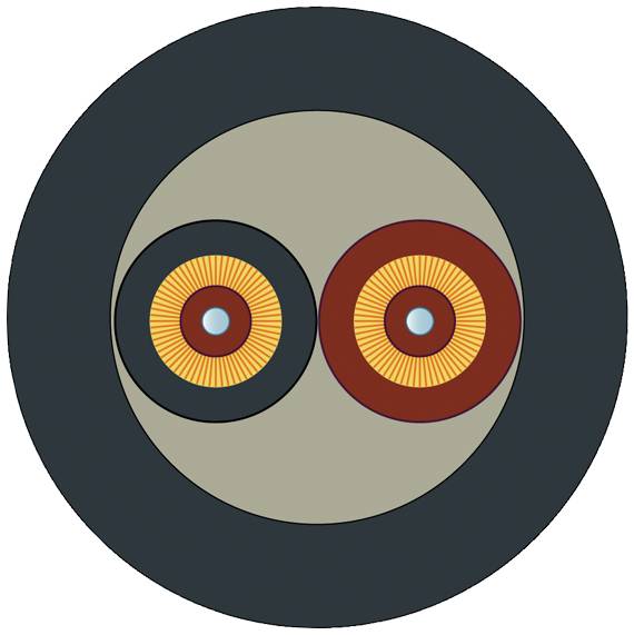 Image abstraite avec deux cercles colorés opposés sur un fond gris. Les couleurs comprennent l'orange, le rouge et le bleu.