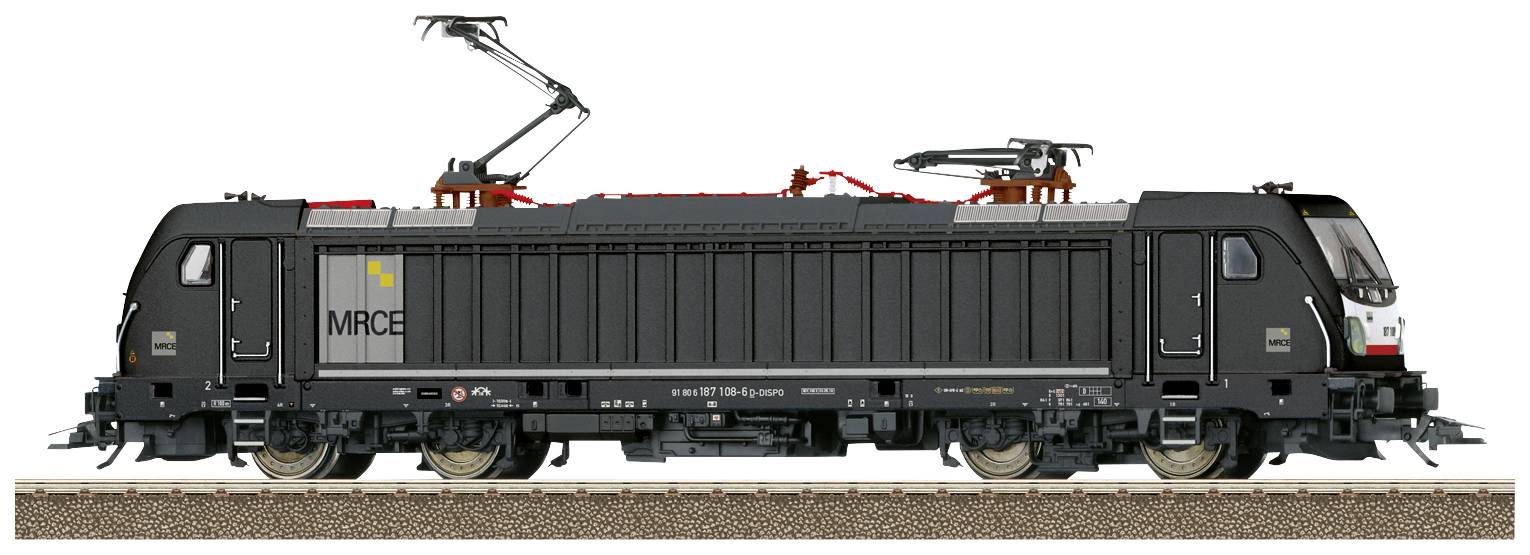 Une locomotive électrique noire sur des rails, portant le marquage 'MRCE', présentant une vue latérale avec un châssis et un pantographe détaillés.