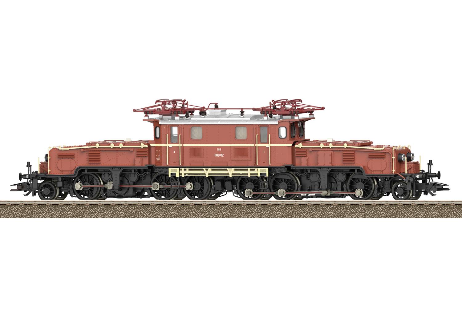 Modèle rouge d'une locomotive électrique sur une voie ferrée, vue latérale. La locomotive présente des pantographes distinctifs et des détails précis.