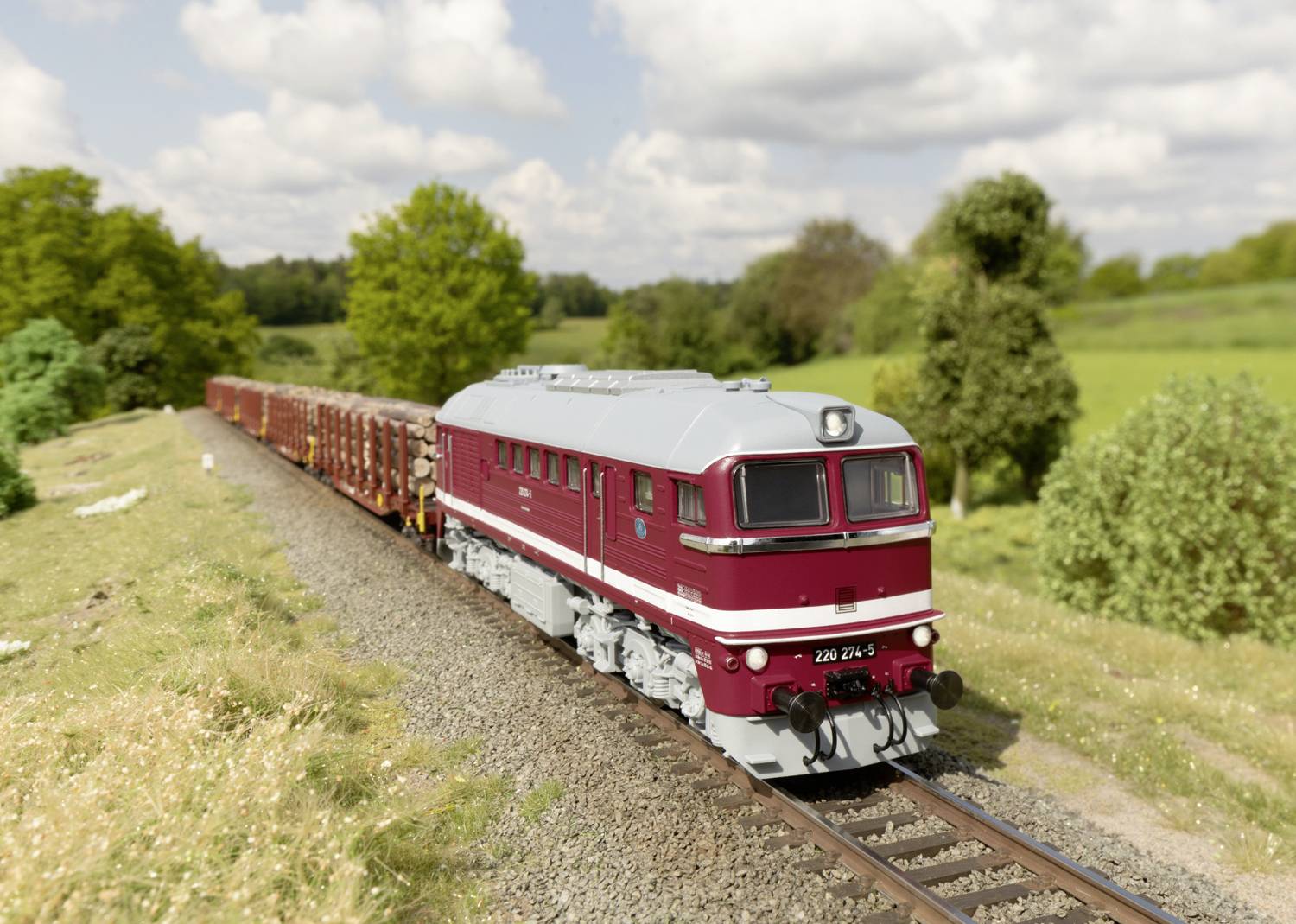 Un train rouge circule sur une ligne ferroviaire rurale à travers un paysage verdoyant. Le ciel est nuageux.