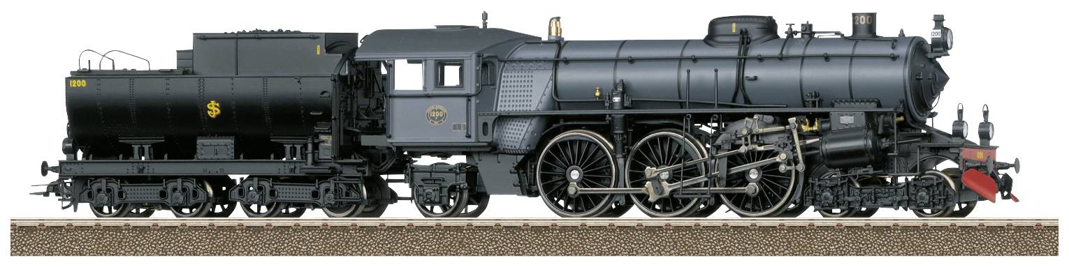 Locomotive à vapeur noire sur une voie ferrée, vue de côté. Elle présente des roues et une chaudière détaillées. Design rétro, accent technique.