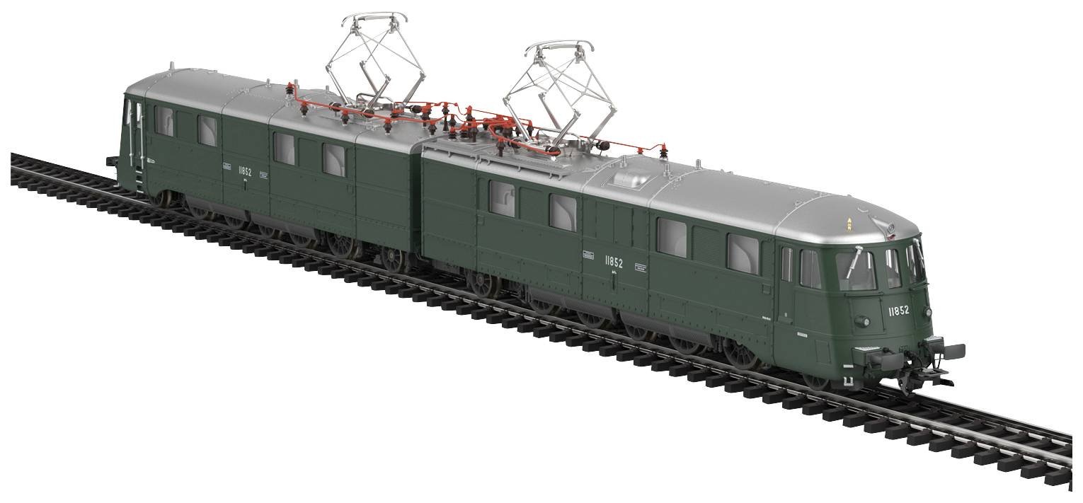 Un train électrique vert à deux voitures avec deux pantographes circule sur une voie ferrée. Le train présente un design nostalgique.