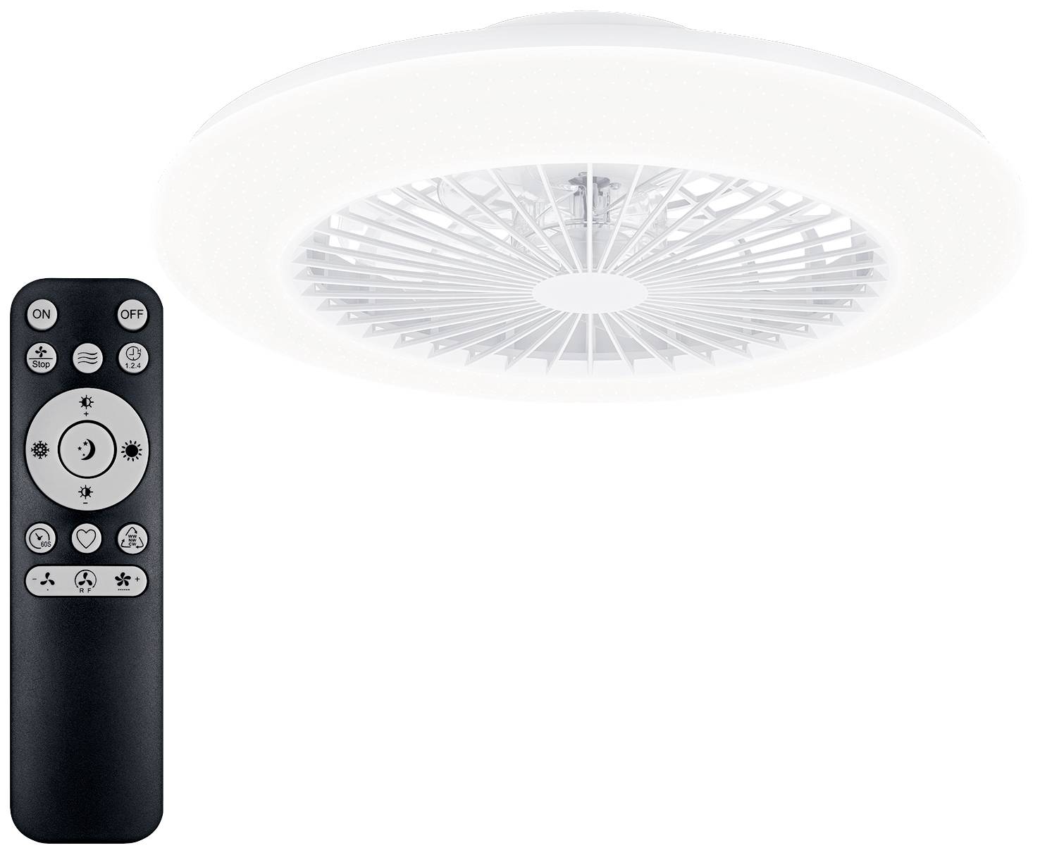 Ventilateur de plafond avec lampe intégrée et télécommande, présentant différents réglages pour l'éclairage et la vitesse du ventilateur.
