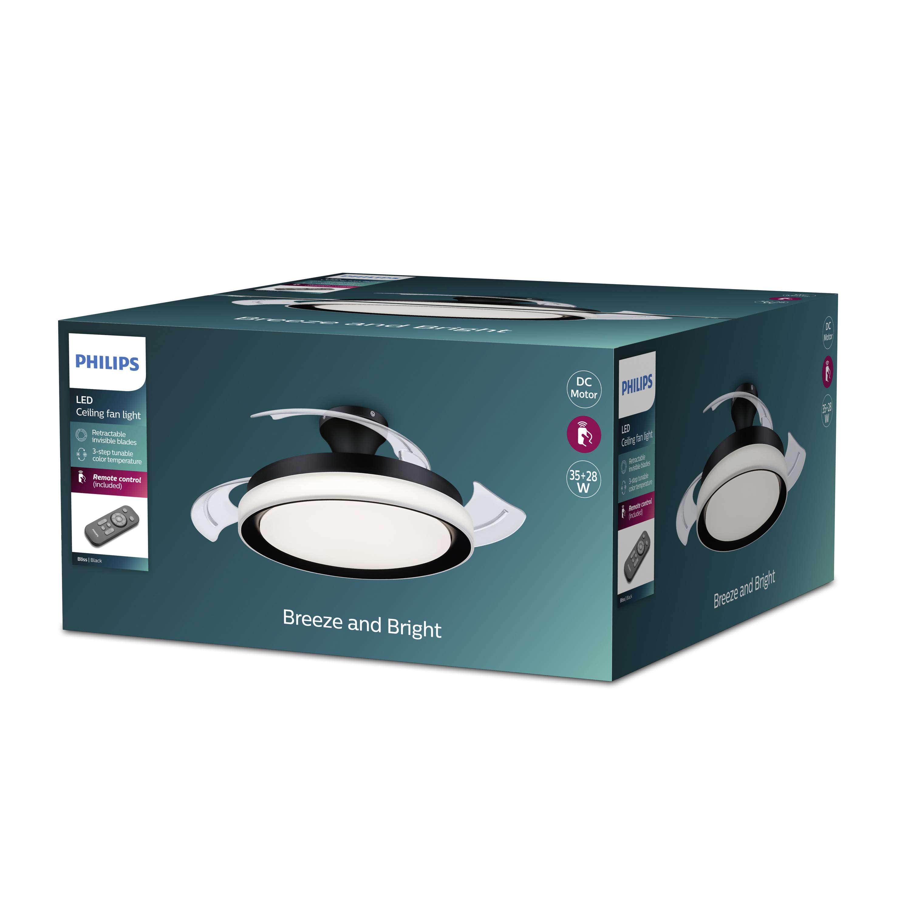 Carton représentant un plafonnier LED Philips 'Breeze and Bright'. Produit en boîtier noir, adapté pour 85-220 V.