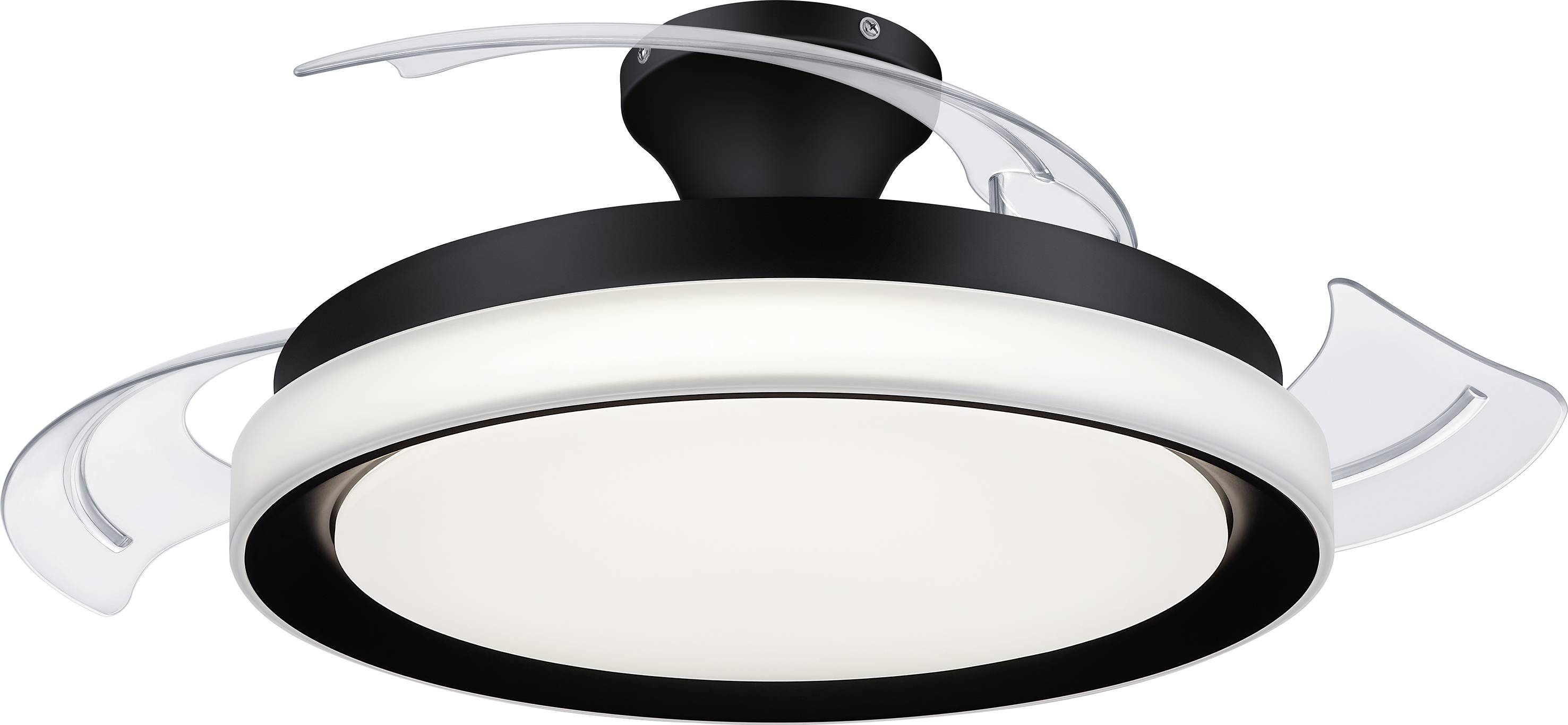 Plafonnier au boîtier noir et aux ailes transparentes, design moderne, adapté à l'éclairage intérieur.