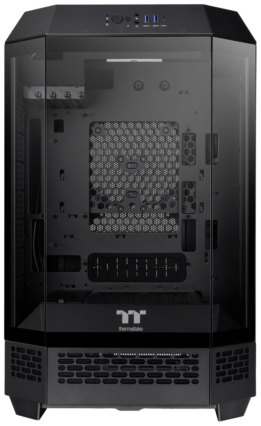 Boîtier d'ordinateur noir et transparent de Thermaltake avec fenêtre d'observation, ports USB en haut, adapté aux PC de gaming ou aux stations de travail.