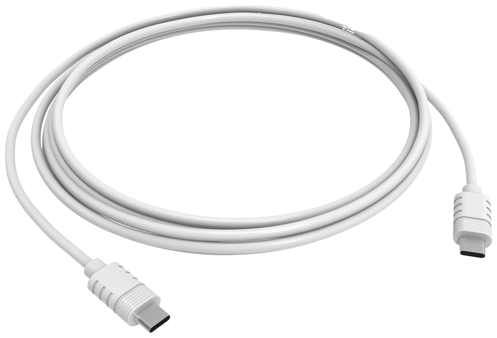 Un câble USB-C blanc, disposé en boucle, montre ses deux extrémités. Il sert à la connexion et au transfert de données.