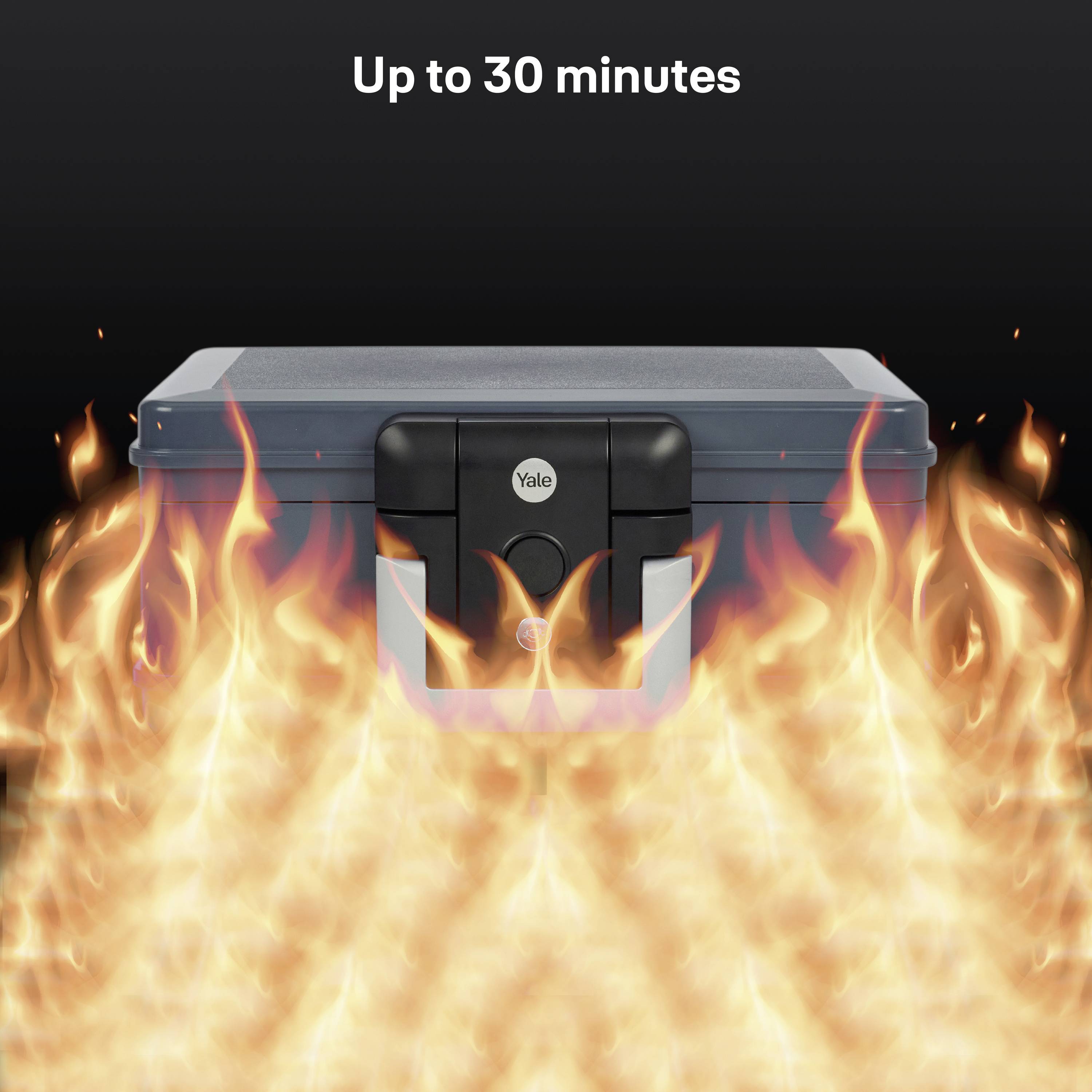 Un coffre-fort noir avec logo de marque, entouré de flammes, symbolise la résistance au feu jusqu'à 30 minutes.