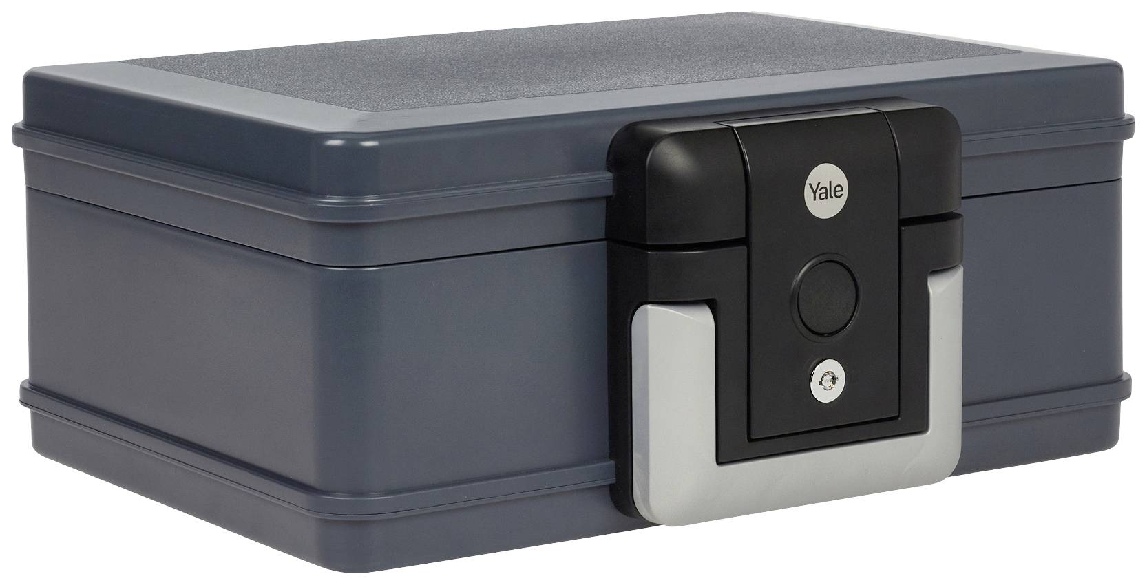 Un coffre-fort gris avec un mécanisme de fermeture noir et un bouton central.