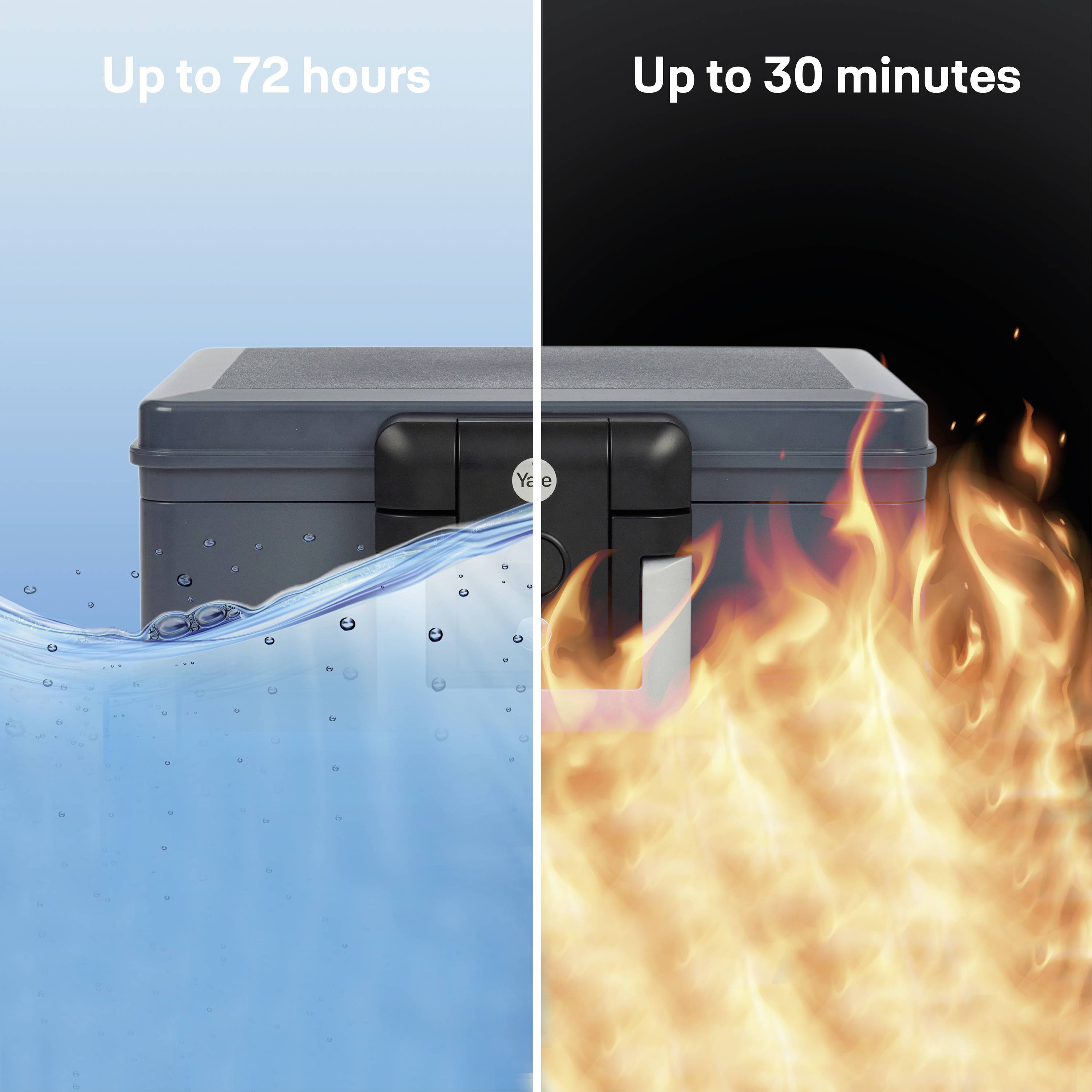 Une boîte est plongée à moitié dans l'eau et entourée de flammes. À gauche, il est écrit 'Jusqu'à 72 heures', à droite 'Jusqu'à 30 minutes'.