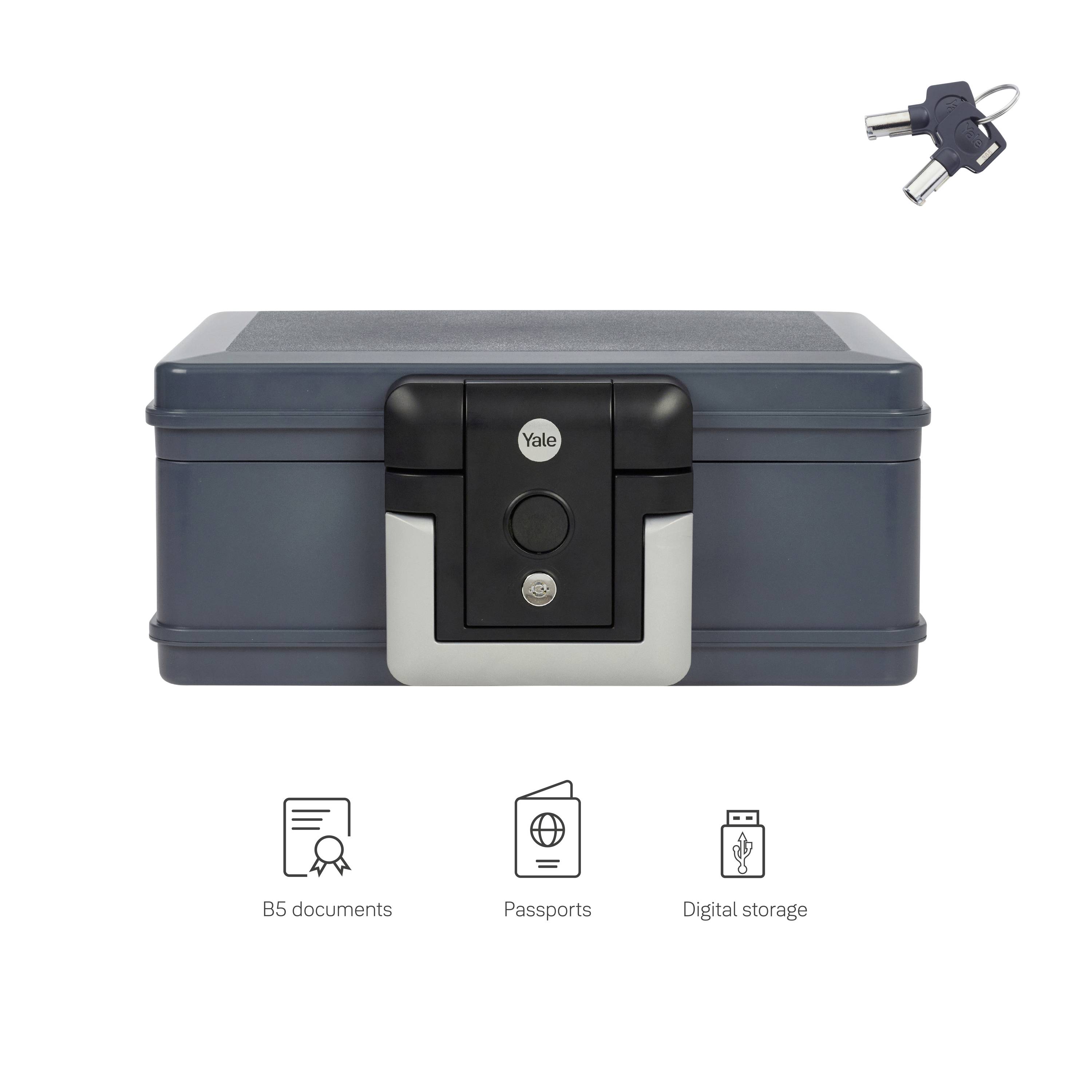 Une boîte de sécurité grise avec serrure à clé, adaptée aux documents de format B5, passeports et stockage de données numériques. Présentée avec sa paire de clés.