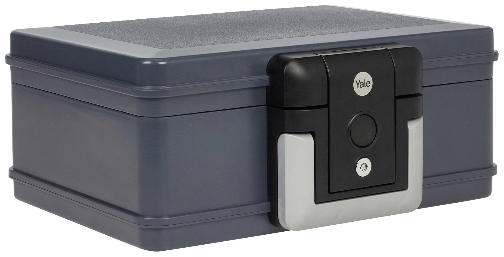 Un coffre-fort gris, rectangulaire, de la marque Yale, avec un mécanisme de fermeture noir. Le coffre-fort est fermé et n'a pas été utilisé.