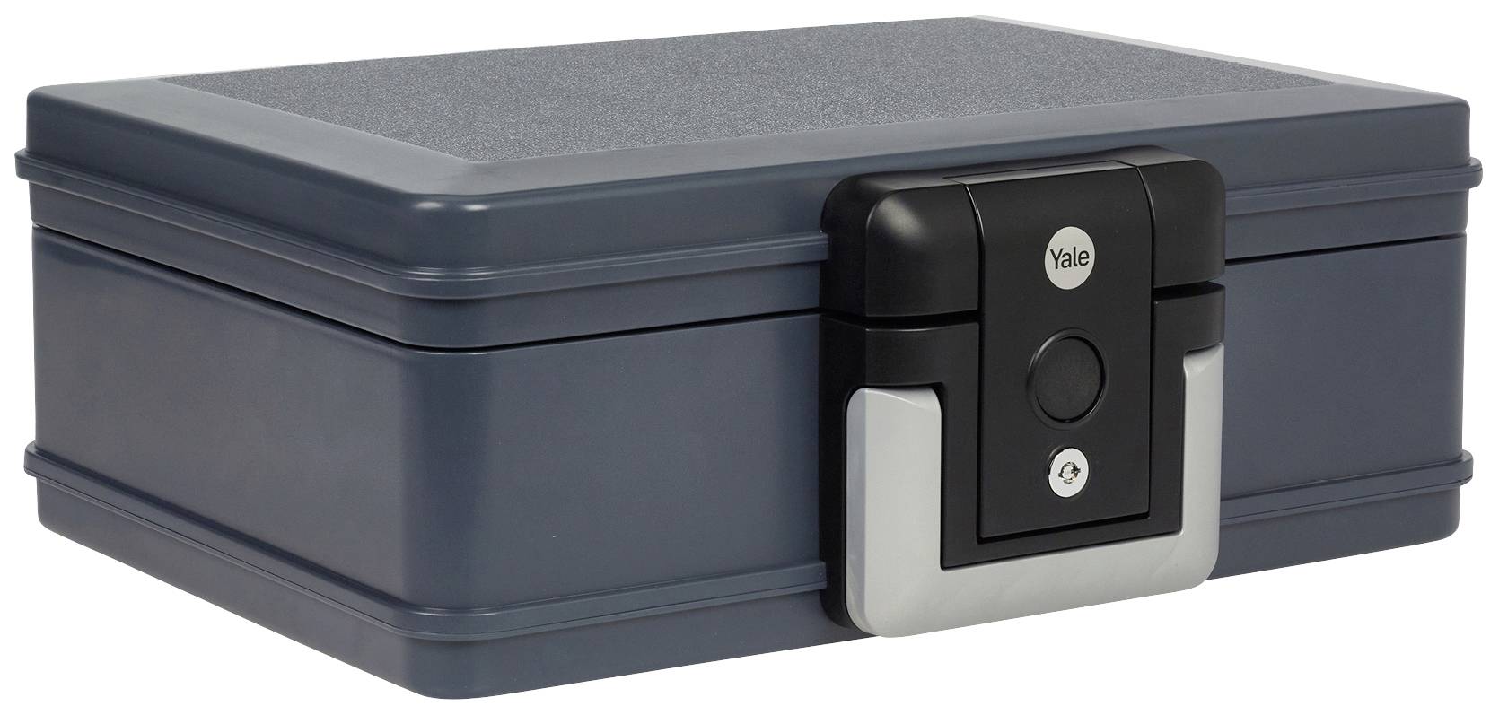 Boîte de sécurité grise rectangulaire avec un cadenas noir sur la façade, conçue pour le rangement sécurisé d'objets de valeur.