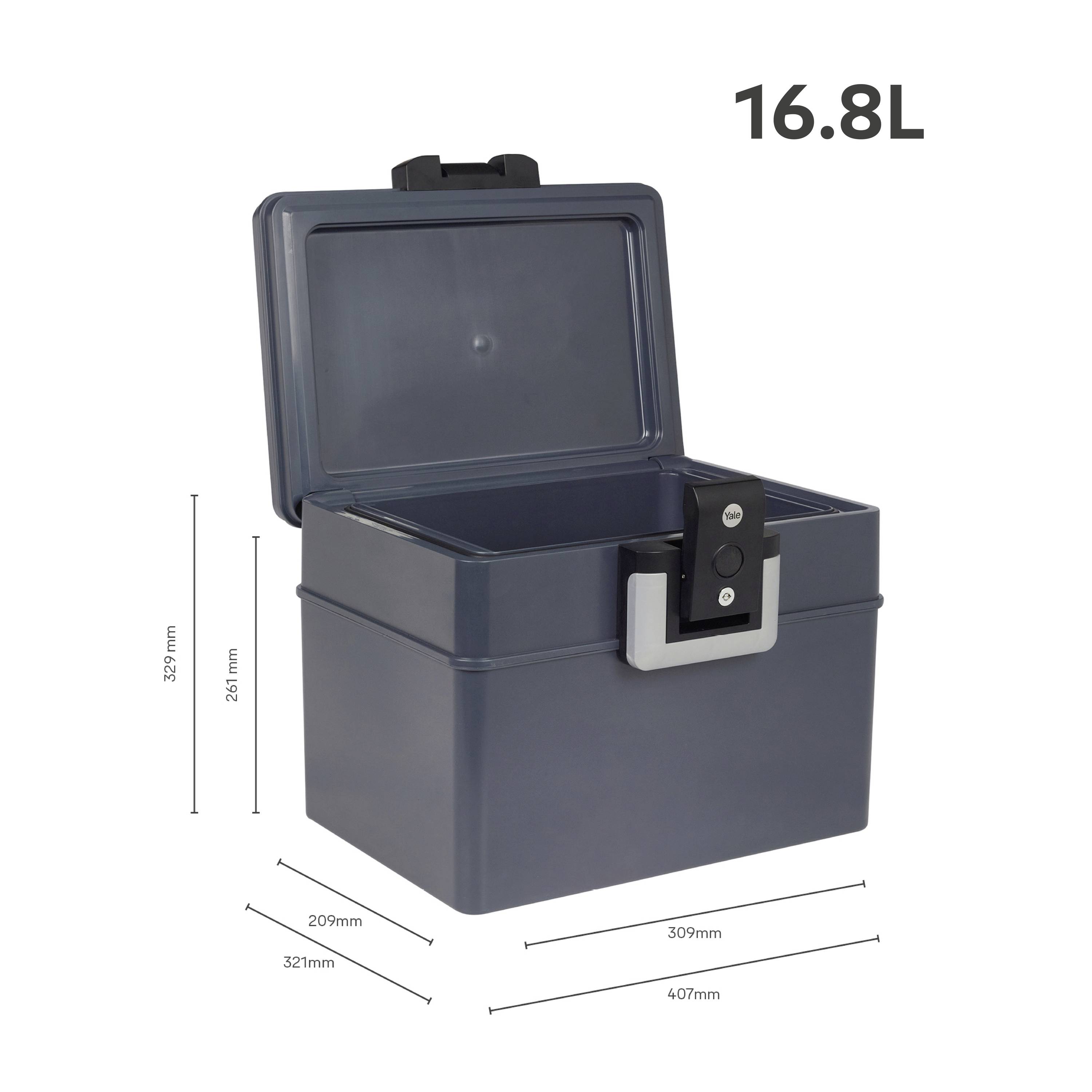 Boîte ouverte de couleur bleu foncé avec couvercle et serrure à combinaison. Dimensions : 207 mm de hauteur, 321 mm de largeur, 407 mm de profondeur. Volume 16,8 litres.