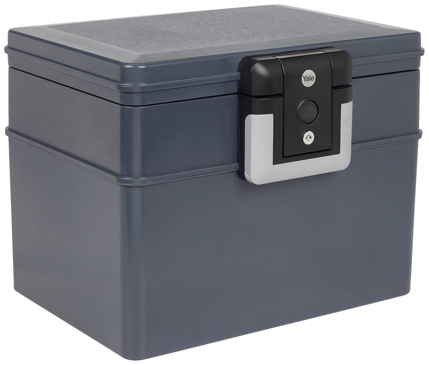 Une boîte de sécurité grise avec un verrou noir et des détails argentés, adaptée pour le rangement sécurisé des objets de valeur.