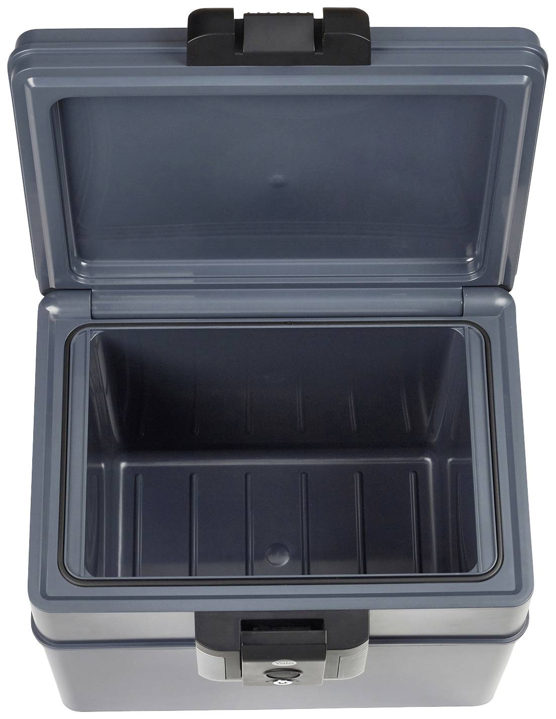 Glacière ouverte, vide et grise avec son couvercle soulevé, idéale pour le transport et le stockage des aliments ou des boissons.