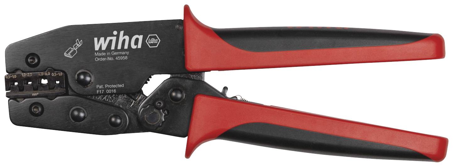 Une pince à sertir noire et rouge de Wiha, fabriquée en Allemagne, reconnaissable à l'inscription sur l'outil.