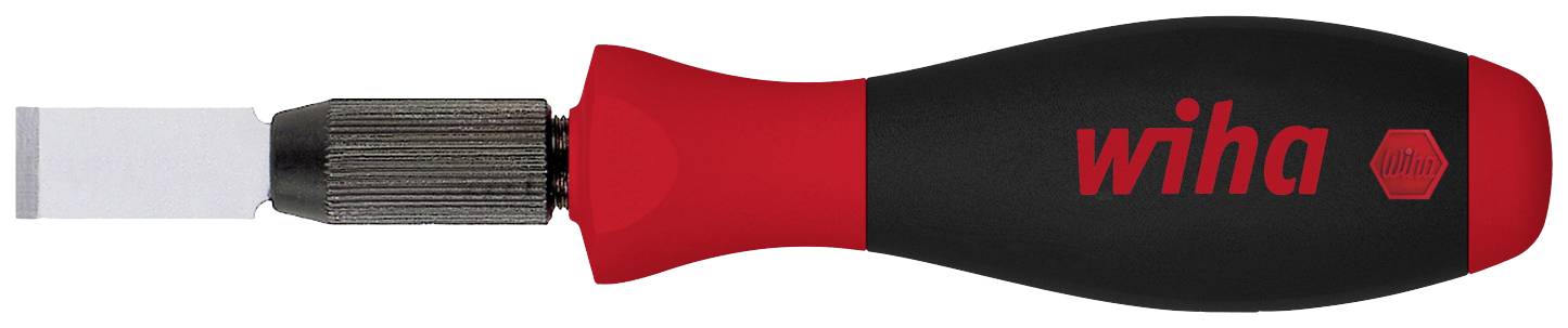Un tournevis avec une poignée ergonomique rouge et noire, une lame plate, et le logo 'wiha' sur la poignée.