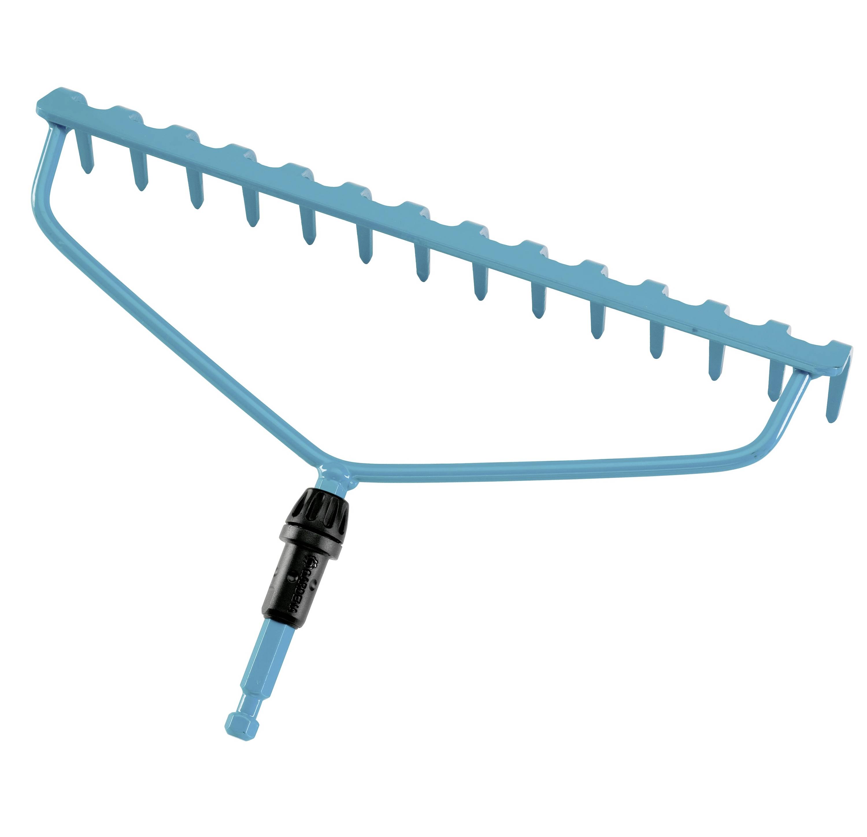 Une tête de râteau de jardin bleue avec plusieurs dents.