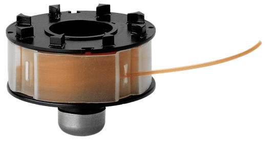 Une bobine de fil en plastique noir avec un fil rouge, utilisée pour la tonte automatique des bordures de pelouse.