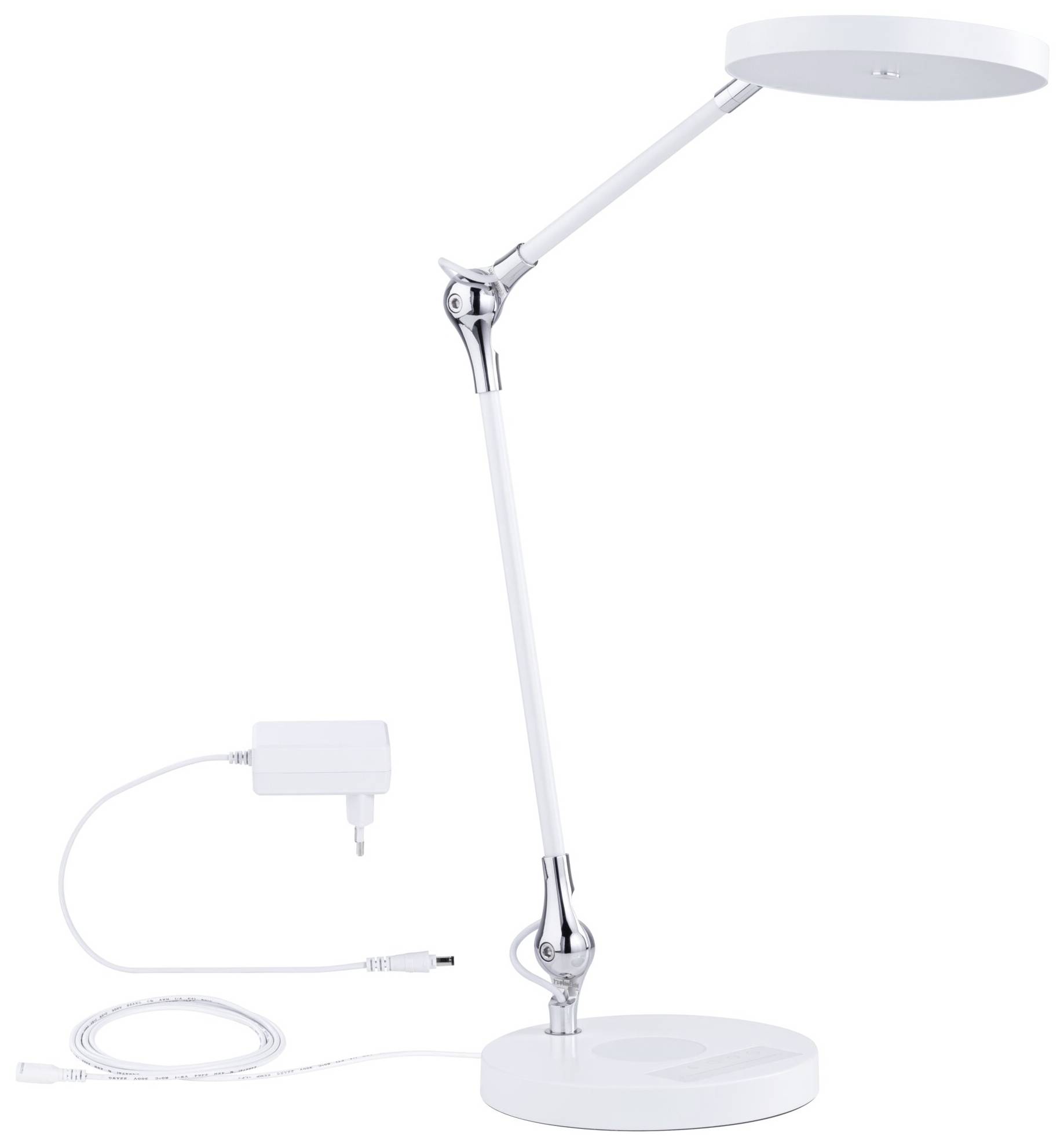 Lampe de bureau blanche avec long bras réglable et tête de lampe ronde, accompagnée d'un bloc d'alimentation avec câble. Idéale pour les travaux de bureau.