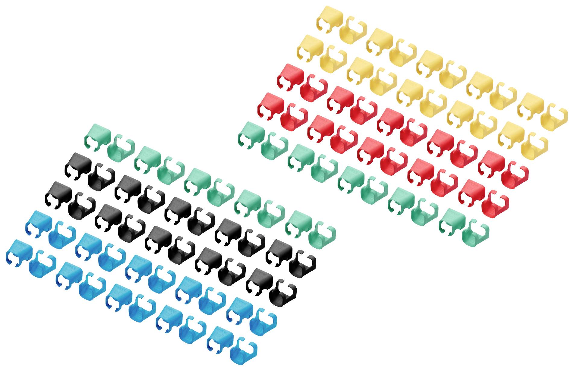Rangée colorée de petites pinces en plastique de différentes couleurs : jaune, rouge, noir, vert, bleu. Disposées soigneusement en rangées.