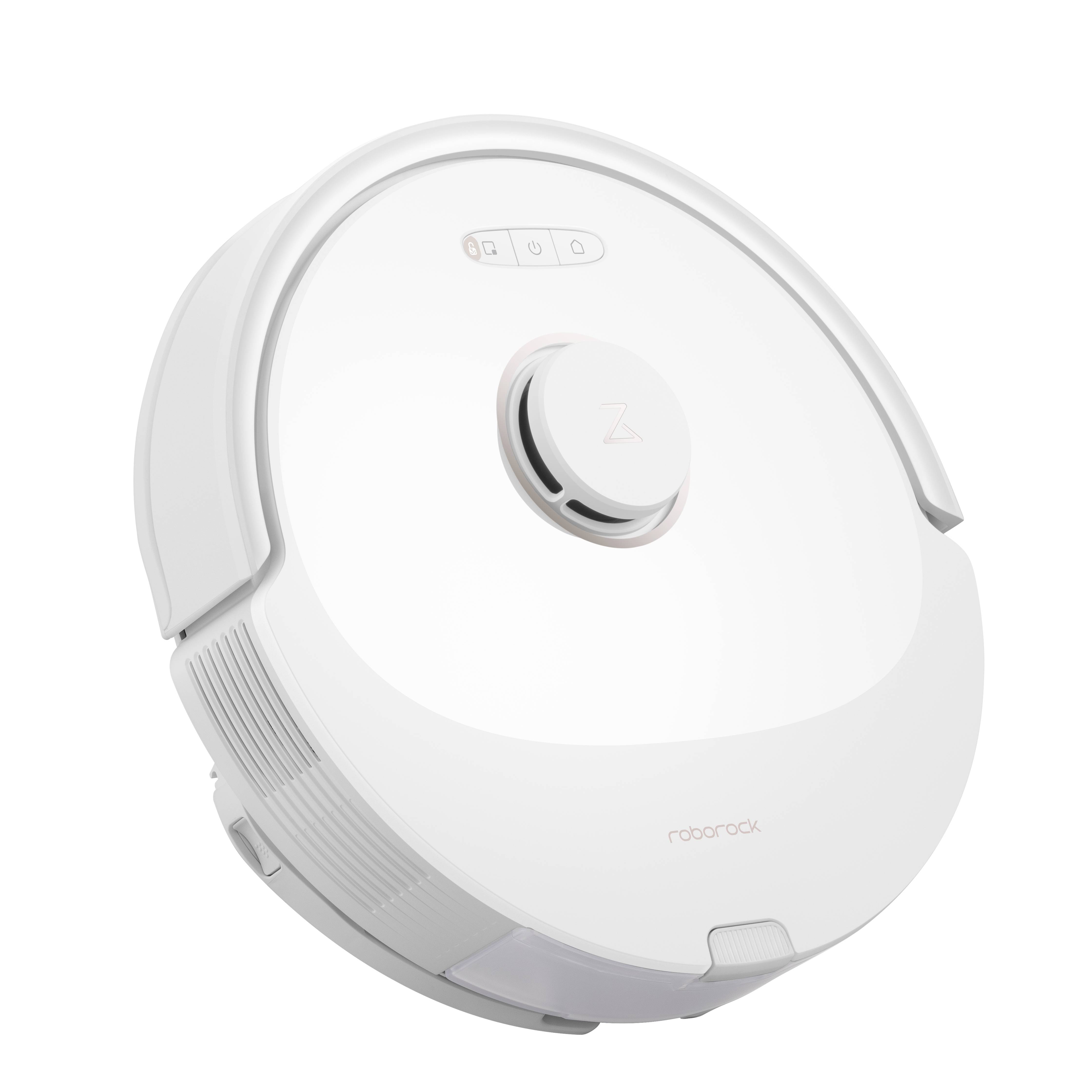Un robot aspirateur blanc, rond, à la surface lisse. Des boutons de commande sont visibles sur le dessus. Design moderne et minimaliste.