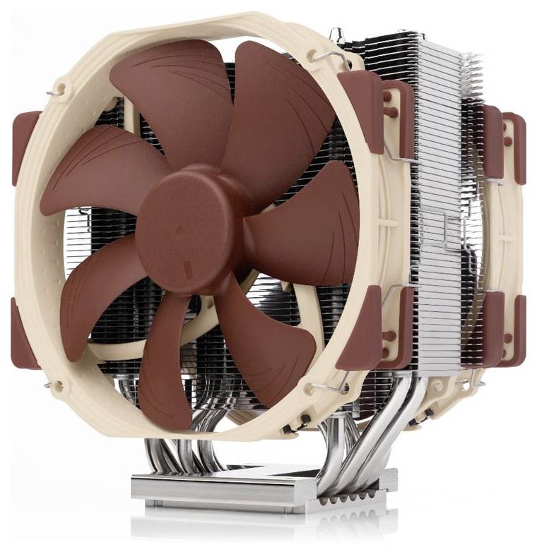 Un grand dissipateur thermique de processeur avec un ventilateur marron et des ailettes en aluminium argentées, adapté aux ordinateurs performants.