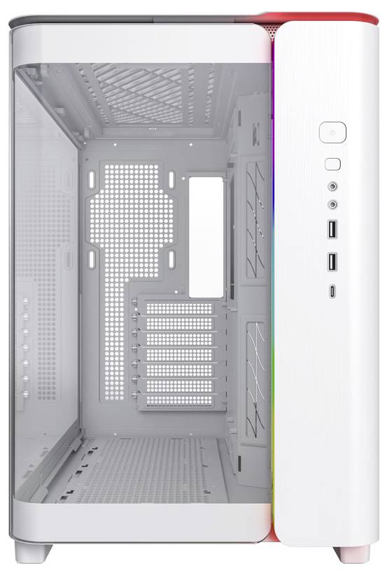 Un boîtier d'ordinateur blanc avec un panneau latéral transparent et plusieurs emplacements d'extension. Façade avant dotée de ports USB et d'un bouton marche/arrêt.