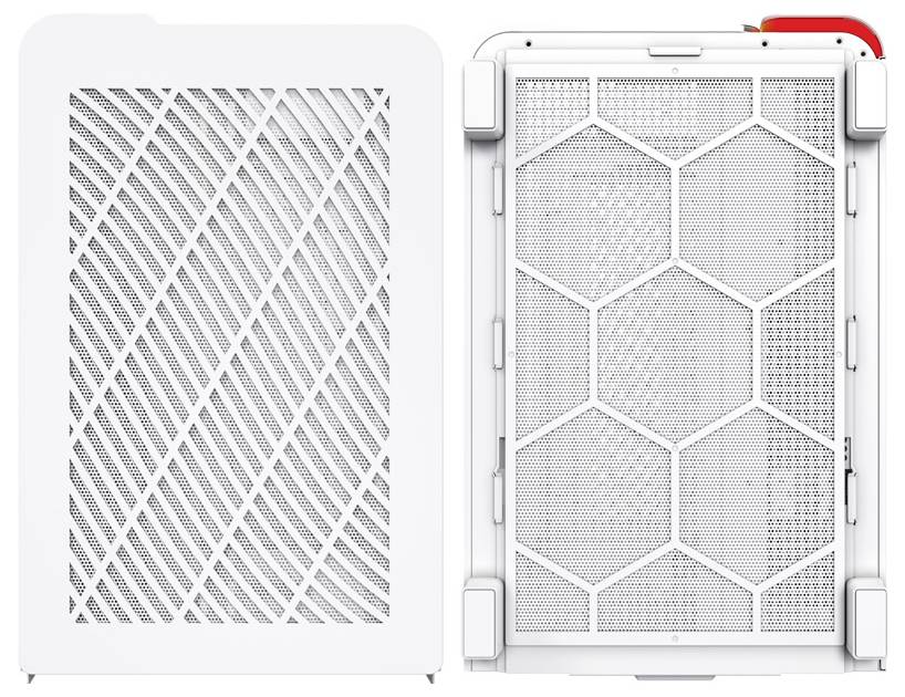 Purificateur d'air avec son couvercle retiré, montrant une grille métallique diagonale et hexagonale destinée à filtrer les particules de l'air.