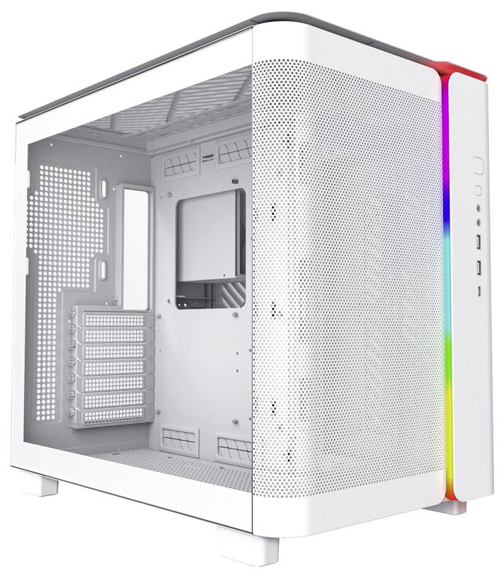 Un boîtier PC blanc avec paroi latérale transparente et éclairage RVB à l'avant, offrant de l'espace pour plusieurs ventilateurs et cartes d'extension.