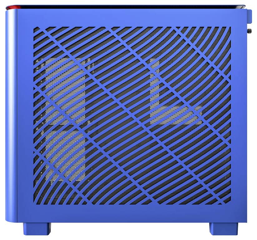 Un purificateur d'air bleu avec un design de grille diagonale sur l'avant offre une filtration d'air moderne et s'intègre parfaitement aux espaces de vie contemporains.
