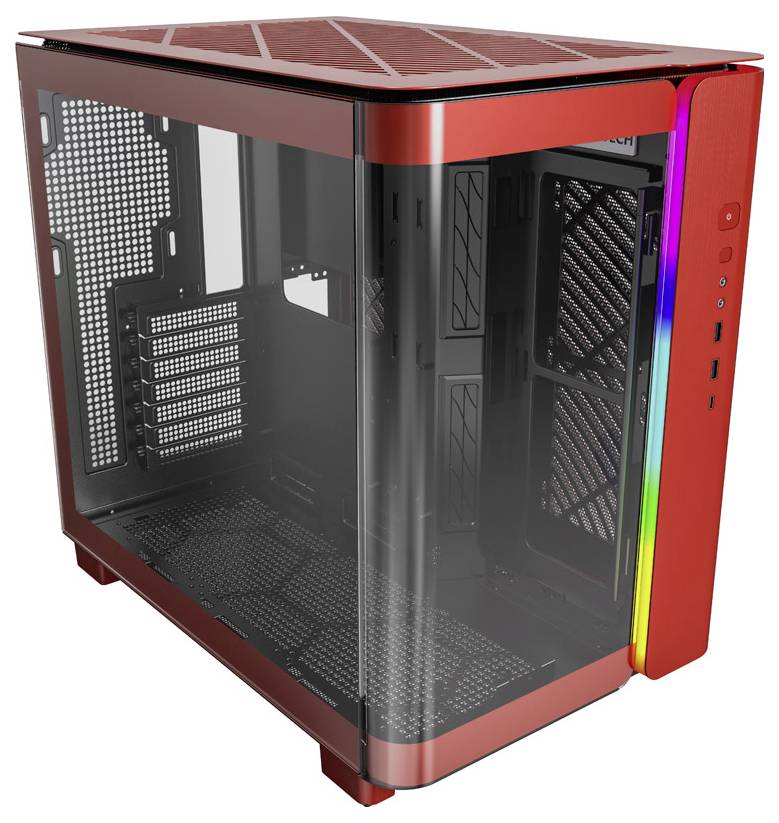 Boîtier PC rouge avec parois latérales transparentes et éclairage RVB. Il offre plusieurs emplacements et de l'espace pour des composants supplémentaires.
