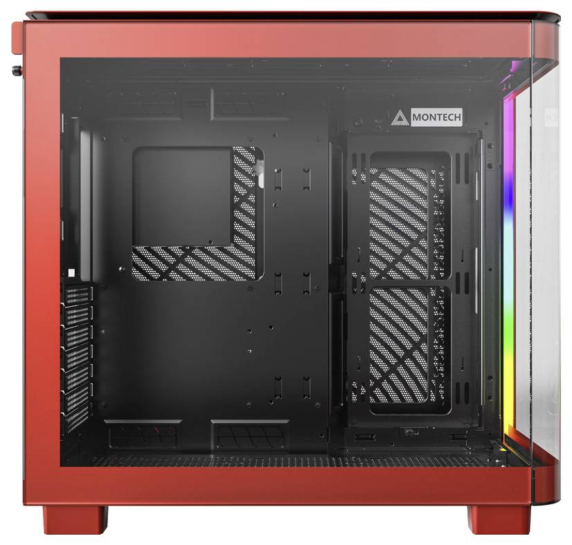 Boîtier PC rouge avec fenêtre transparente en verre, montrant une vue intérieure sans composants, logo Montech visible, adapté pour des configurations de gaming.