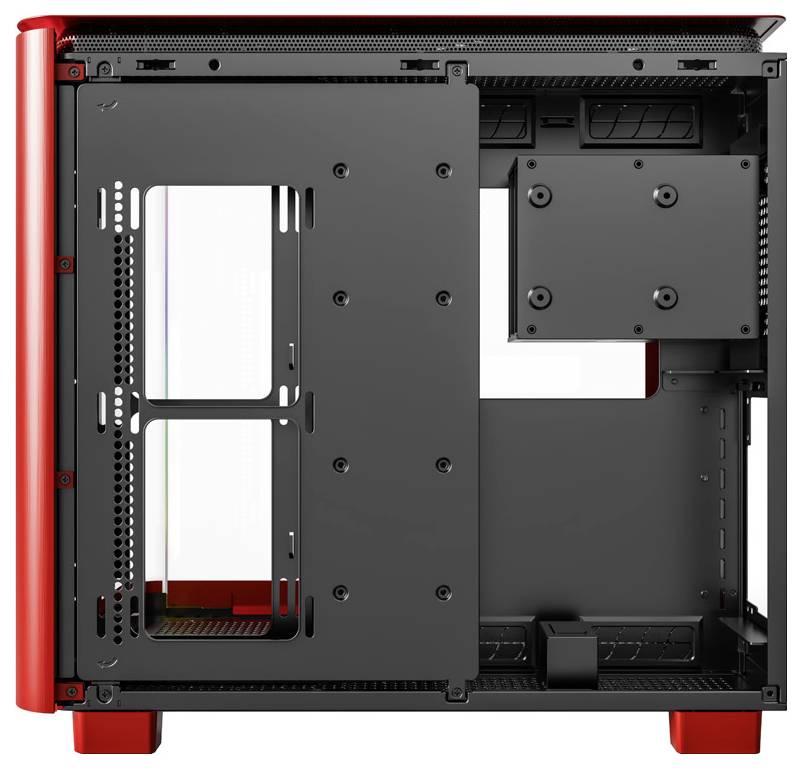 Un boîtier d'ordinateur vide en métal, aux couleurs rouge et noir, avec le côté ouvert, prêt à recevoir des composants matériels.