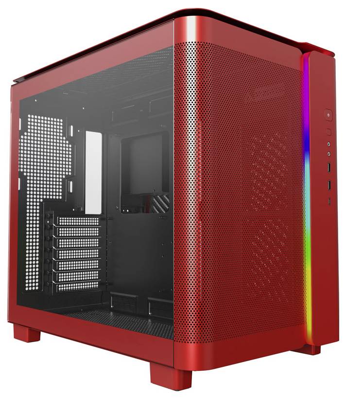 Un boîtier PC rouge avec une paroi latérale en verre et un éclairage RVB, prêt pour l'installation de composants informatiques.