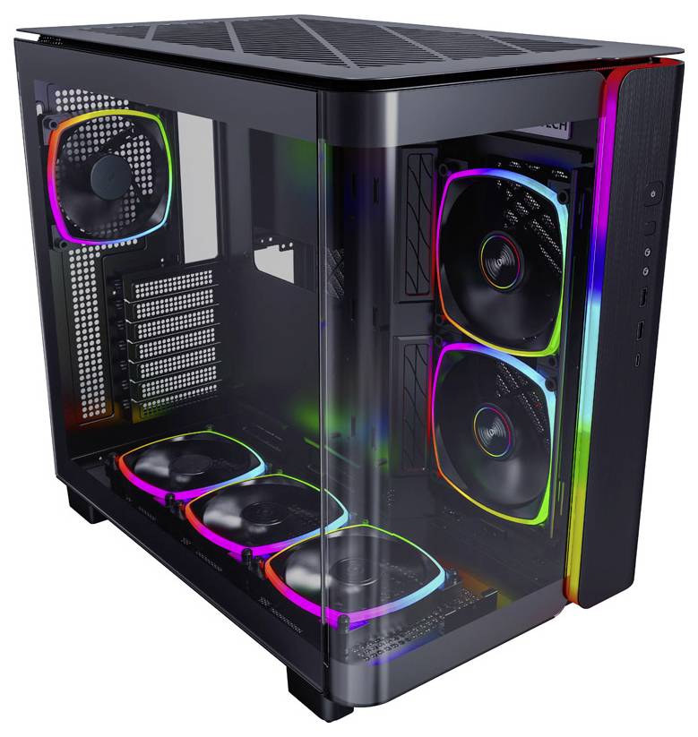 Un boîtier PC noir avec des parois latérales transparentes présente trois ventilateurs RGB à l'avant et deux sur le dessus.