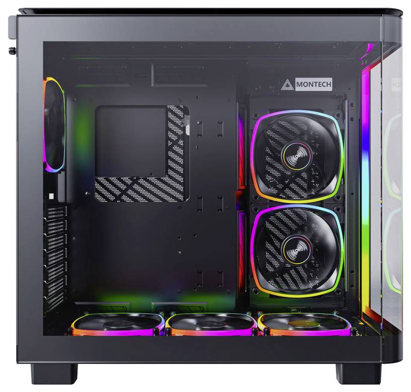 Boîtier d'ordinateur noir avec un panneau latéral transparent. Deux grands ventilateurs lumineux sont visibles. Marque 'Montech'.