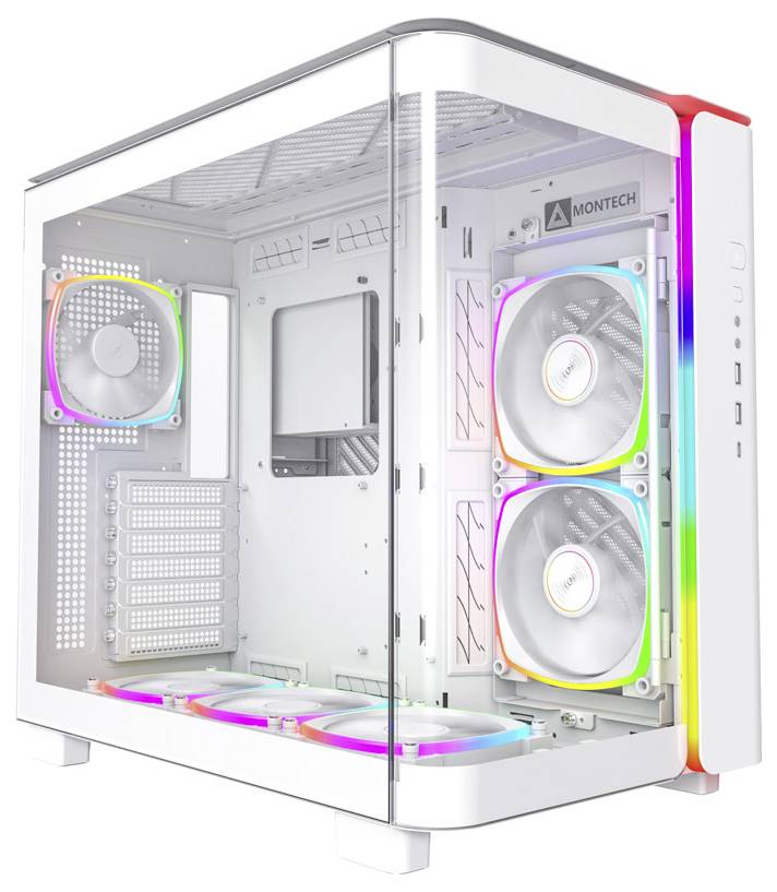 Un boîtier d'ordinateur ouvert avec un cadre blanc et une paroi latérale transparente. Contient trois ventilateurs avec éclairage RVB.