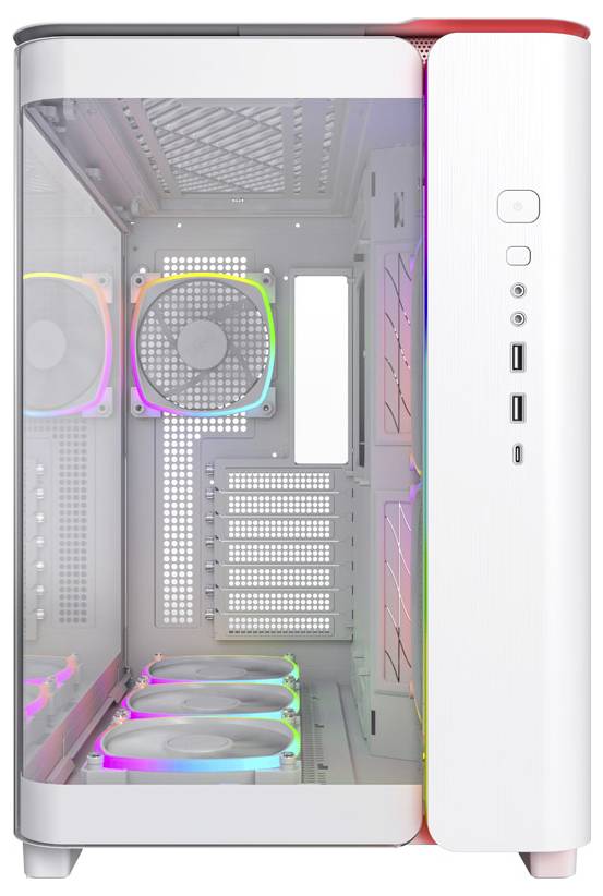 Un boîtier d'ordinateur vide de couleur blanche avec un panneau latéral transparent, des ventilateurs RGB et plusieurs ports USB à l'avant.