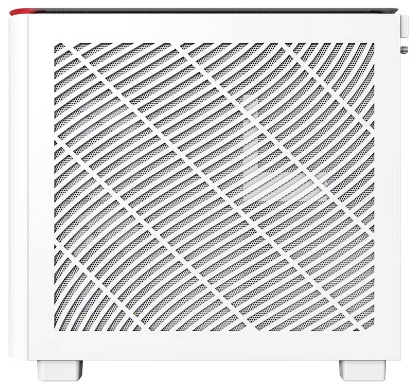 Un boîtier d'ordinateur blanc avec un design de grille diagonal sur le côté, reposant sur quatre petits pieds.