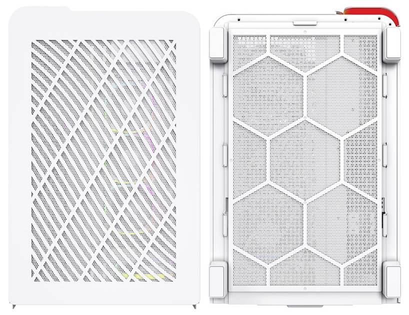 Deux purificateurs d'air blancs avec des designs de grille différents sont placés côte à côte. À gauche, un motif diagonal, à droite, un motif hexagonal.