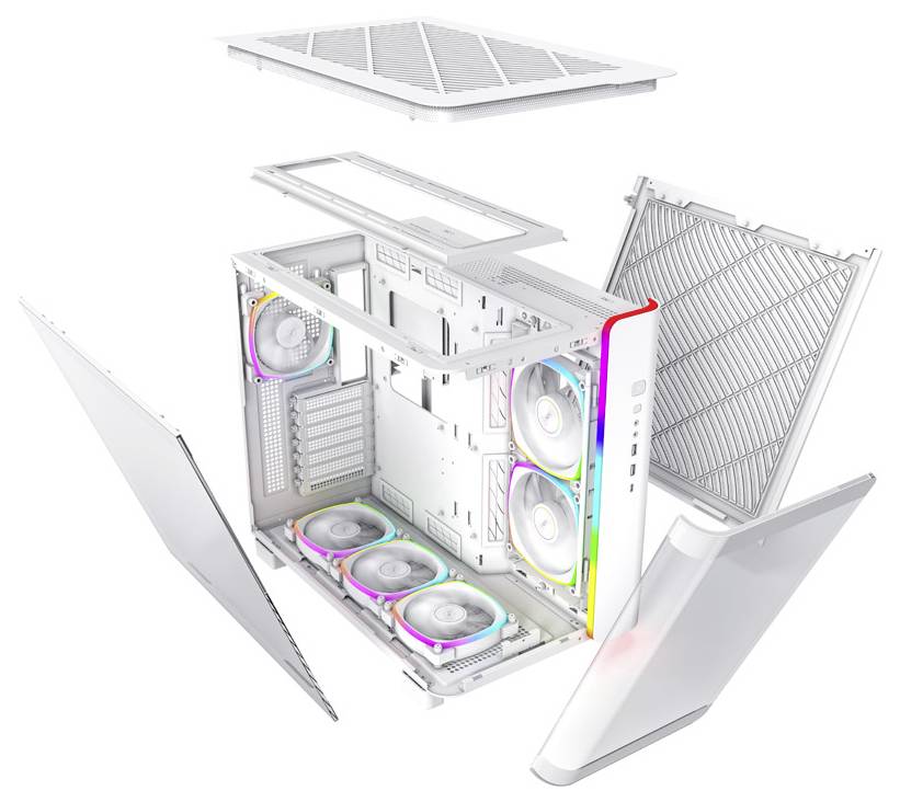 Boîtier d'ordinateur blanc, modulaire avec plusieurs ventilateurs. L'intérieur révèle des ventilateurs rétroéclairés RGB et des panneaux amovibles.